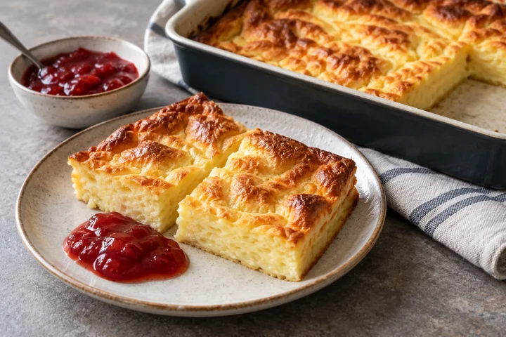 Suomalaisen uunipannukakun paksuja kultaisia paloja ja pieni lusikallinen hilloa.